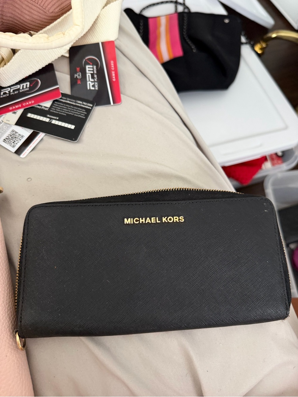 Michael Kors Black Saffiano Zip Wallet with Gold Logo